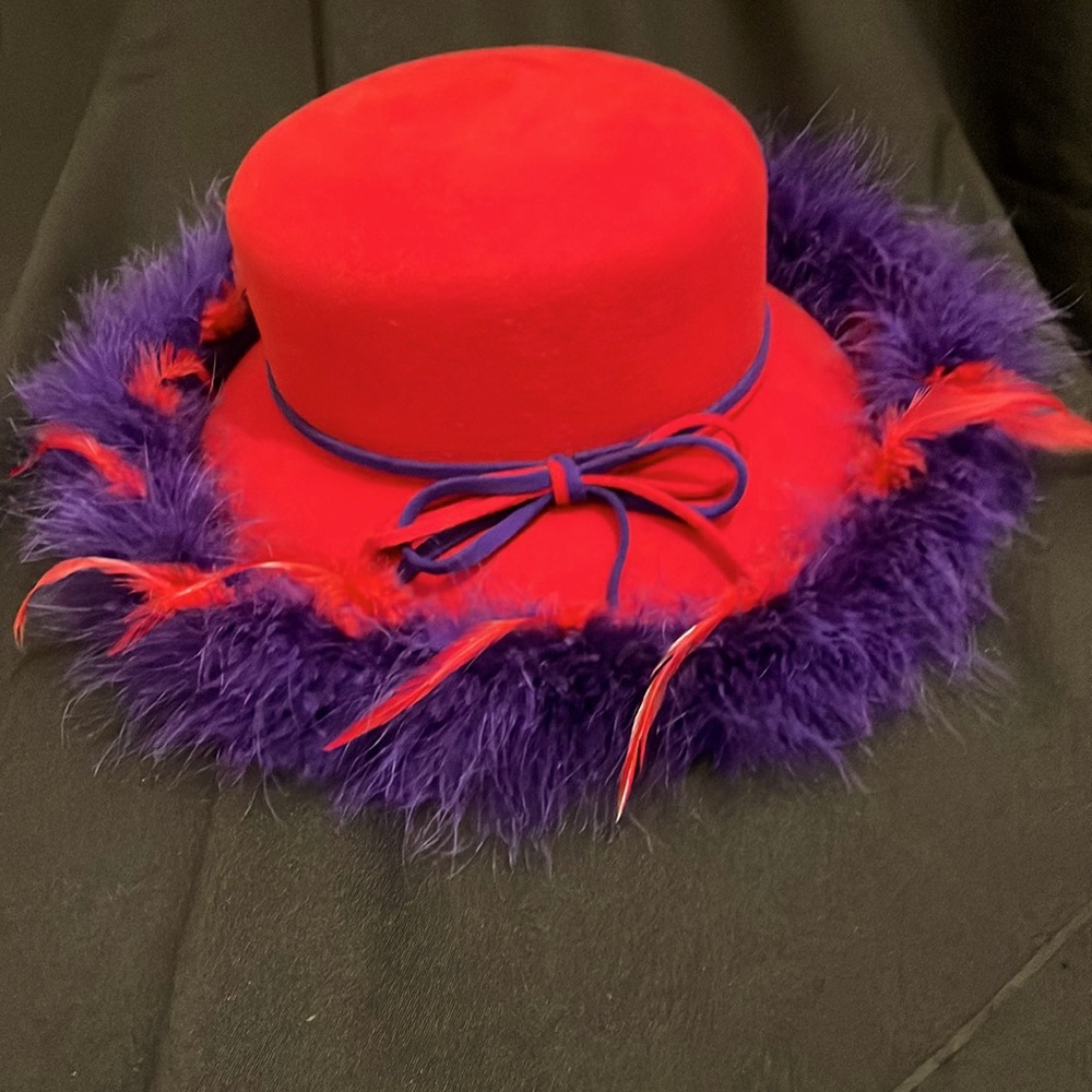 Vintage red and purple wool feather hat
